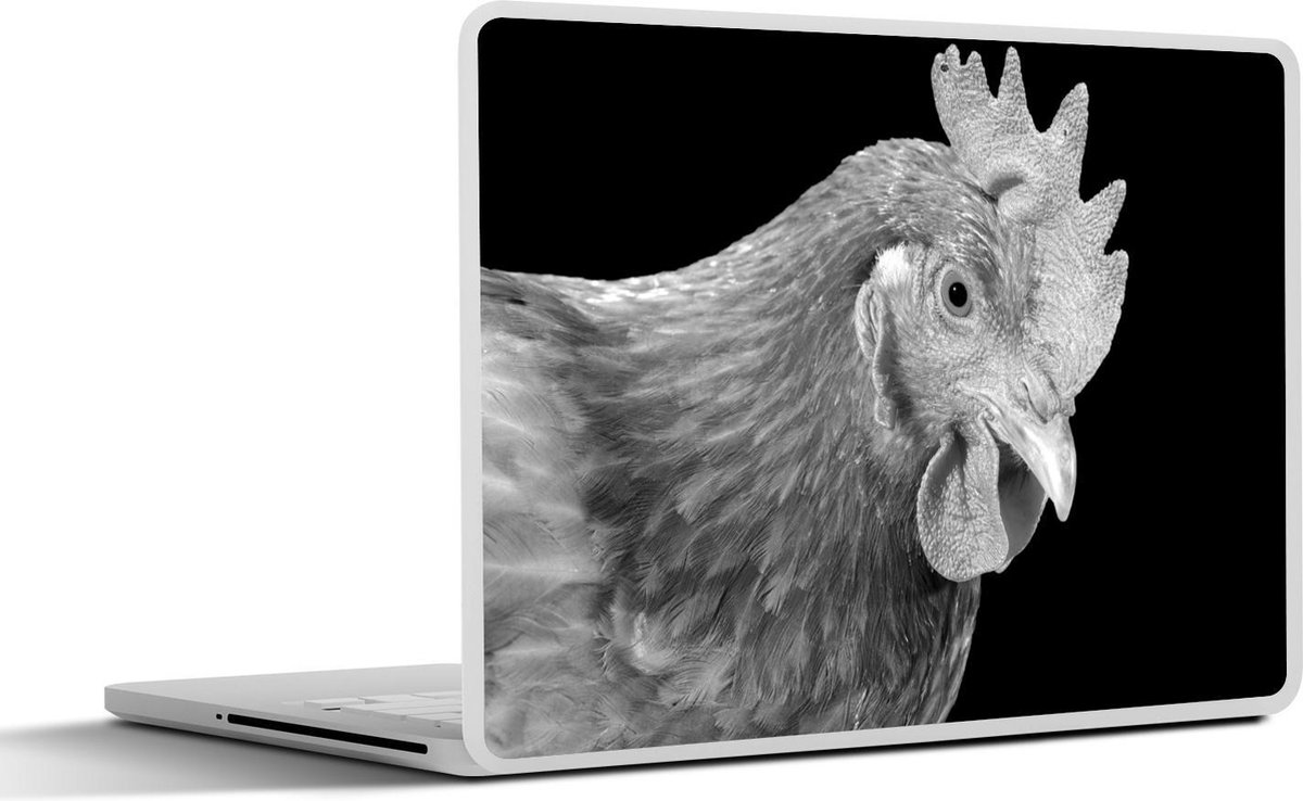 Afbeelding van product SleevesAndCases  Laptop sticker - 10.1 inch - Haan kijkt naar de grond voor een zwarte achtergrond - zwart wit