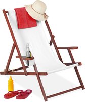 Relaxdays strandstoel hout - ligstoel inklapbaar - campingstoel met bekerhouder - 120 kg - wit