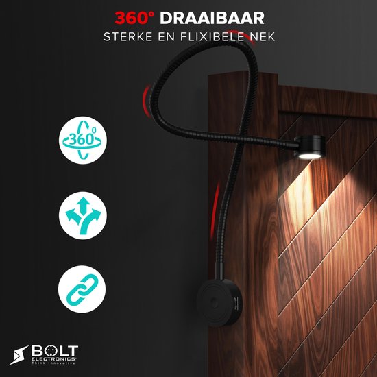 Lampe de lecture noire flexible avec col rotatif à 360 degrés sur un mur en bois, texte '360° DRAAIBAAR'.