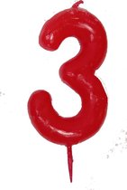 Verjaardagkaarsje cijfer 3 - rood - met prikker - 3 jaar oud - set van 6 stuks