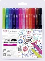 Tombow TwinTone Marker Set - Bright Colours - Set van 12 + A6 Handlettering Oefenblok – Ansichtkaarten