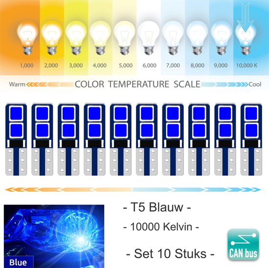 10x T5 CANBus Led Lamp set 10 stuks | Blauw | 240LM | 10000K | 12V | 4 SMD  3030 |... | bol.com