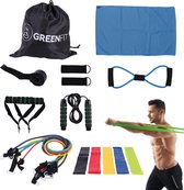 GreenfitFH Fitness XL pakket - Weerstandsbanden hoog kwaliteit -  5 Resistance Bands - Fitness Elastiek - Gratis handdoek - Springtouw - Handvaten - Enkelbanden