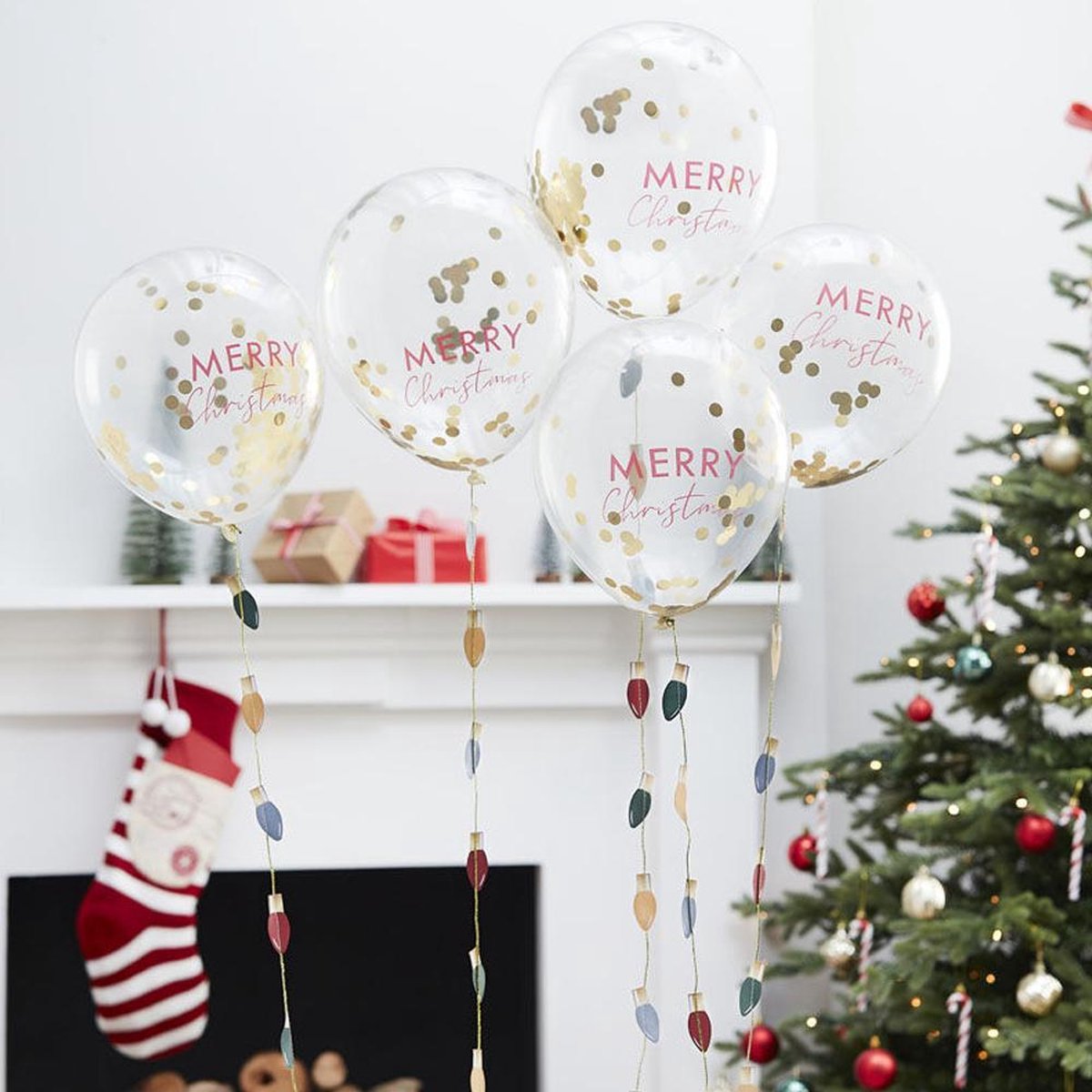 Daily Style – Confetti ballonnen merry christmas + staartje ginger ray (5st) – (5st) – 5 stuks