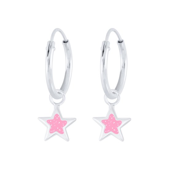 Joy|S - Zilveren ster bedel oorbellen - glitter roze - oorringen