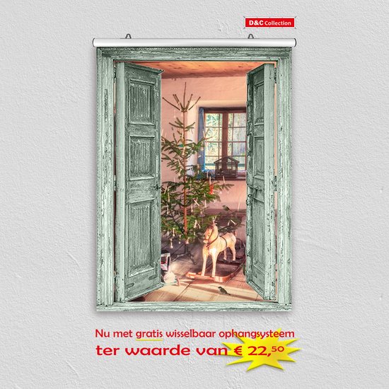 Foto: Tuindoek poster kerst poster 60x80 cm doorkijk open groene deuren vintage kerst speelgoed kerstboom winter poster kerst decoratie kerstinterieur kerst wanddecoratie