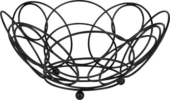 Zwarte metalen fruitschaal met een open, gedraaid draadontwerp en drie ronde pootjes.