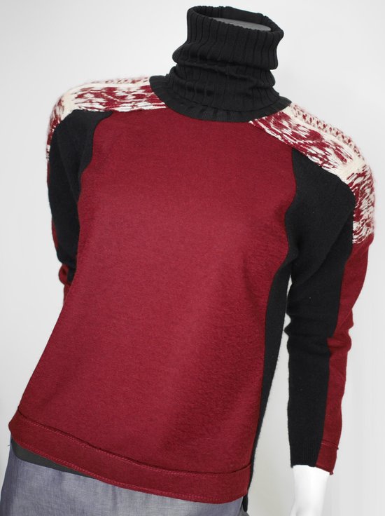 YELIZ YAKAR - Pull col roulé de Luxe pour femme "Garnet" - mélange de couleurs noir et rouge - mélange laine / coton - taille S/36 - vêtements de marque