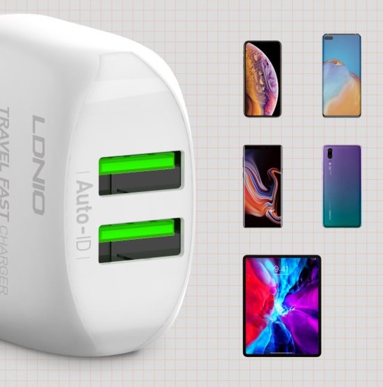 LDNIO A2219 2.4A Deux USB EU Plug Chargeur Mural Rapide USB-C Pour Téléphone Mobile Samsung Huawei P30 P40 Pro MI10 Mi10 Note 9 S20 S21