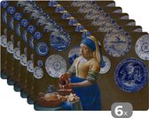 Placemat - Placemats kunststof - Meisje met de parel - Melkmeisje - Delfts Blauw - 45x30 cm - 6 stuks - Hittebestendig - Anti-Slip - Onderlegger - Afneembaar