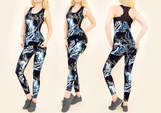 Dames sportset, voorkant en achterkant getoond. Zwart met blauwe en witte abstracte print. Tanktop en legging.