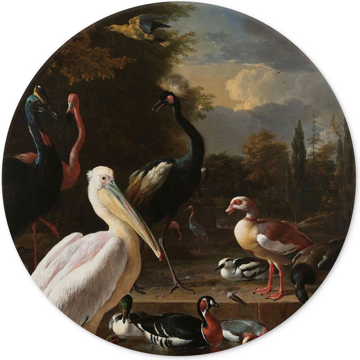 Muurcirkel Het drijvend veertje Melchior de Hondecoeter 60cm - rond schilderij - wandcirkel