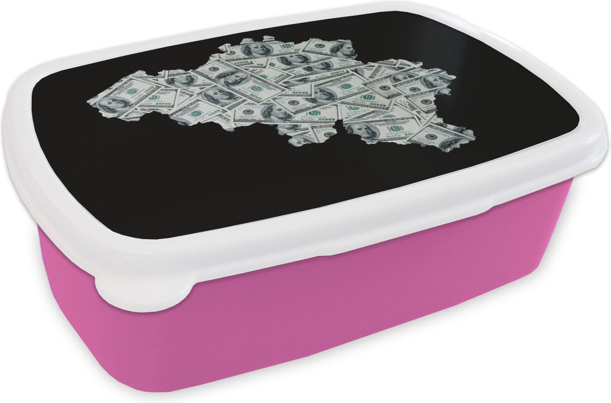 Broodtrommel Roze - Lunchbox - Brooddoos - Kaart - België - Geld - 18x12x6 cm - Kinderen - Meisje