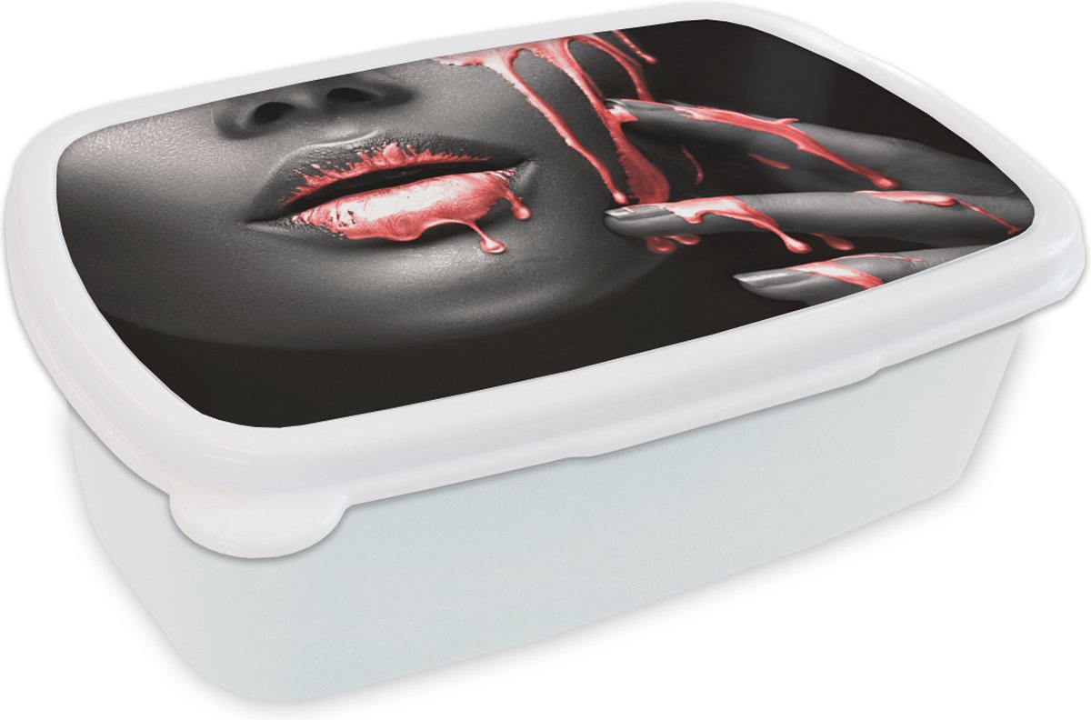 Broodtrommel Wit - Lunchbox - Brooddoos - Lippen - Rood - Zwart - 18x12x6 cm - Volwassenen