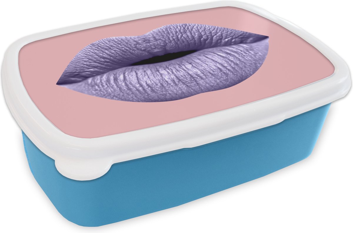 Broodtrommel Blauw - Lunchbox - Brooddoos - Lippen - Pastel - Roze - 18x12x6 cm - Kinderen - Jongen