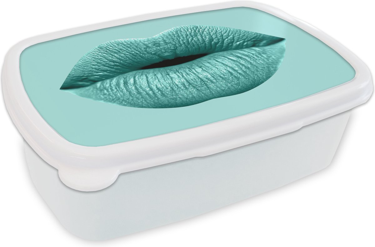 Broodtrommel Wit - Lunchbox - Brooddoos - Lippen - Pastel - Blauw - 18x12x6 cm - Volwassenen