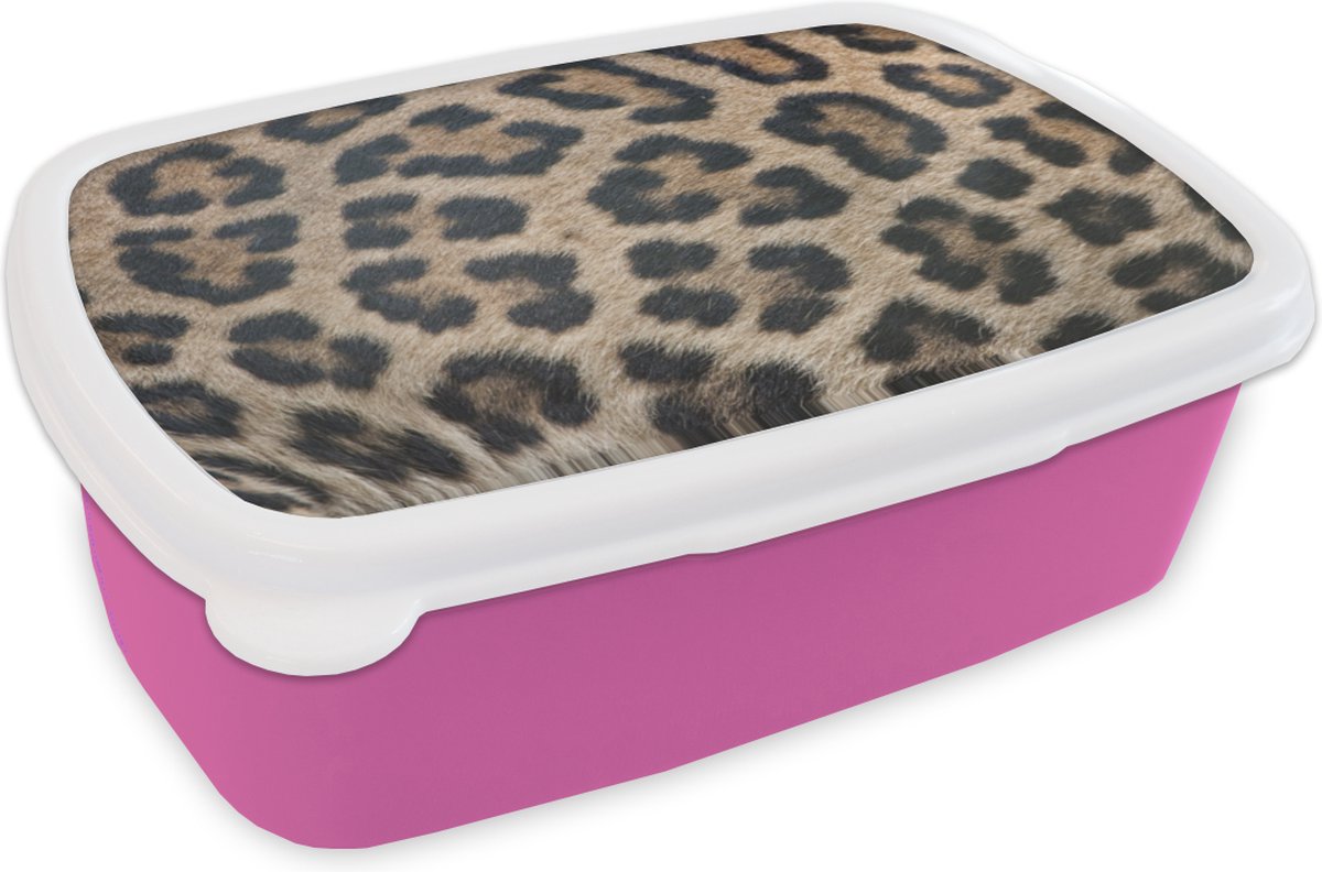 Broodtrommel Roze - Lunchbox - Brooddoos - Luipaard print - 18x12x6 cm - Kinderen - Meisje
