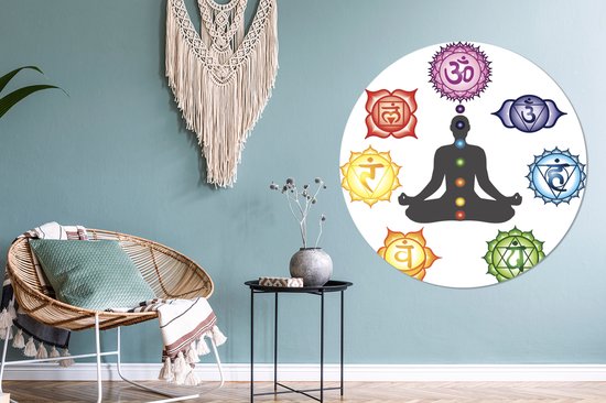 Sept chakras autour d'une silhouette méditante cercle mural assiette plastique ⌀ 120 cm - impression photo sur cercle mural / cercle vivant (décoration murale)