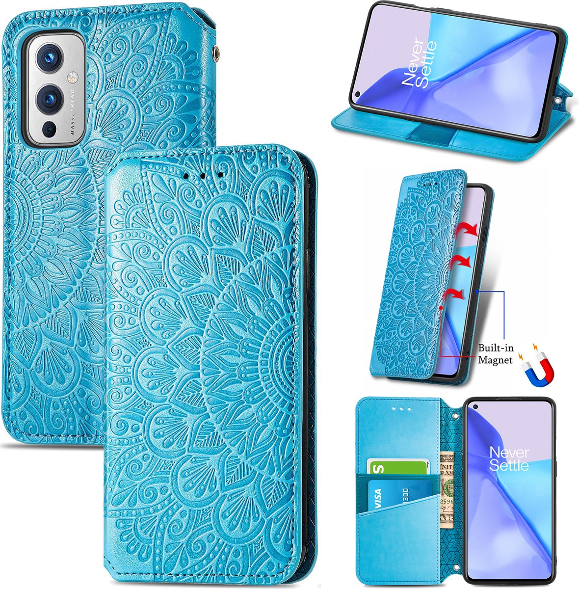 Luxe PU Lederen Blooming Mandala Reliëfpatroon Wallet Case + PMMA Screenprotector voor OnePlus 9 _ Blauw