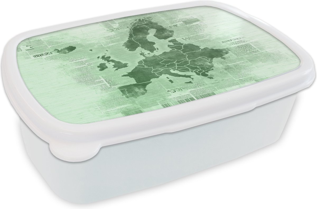Broodtrommel Wit - Lunchbox - Brooddoos - Kaart Europa - Krant - Groen - 18x12x6 cm - Volwassenen