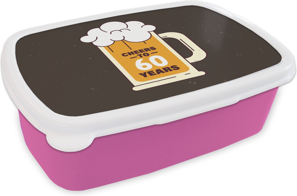 Broodtrommel Roze - Lunchbox - Brooddoos - Jubileum - 60 Jaar - Bier - 18x12x6 cm - Kinderen - Meisje