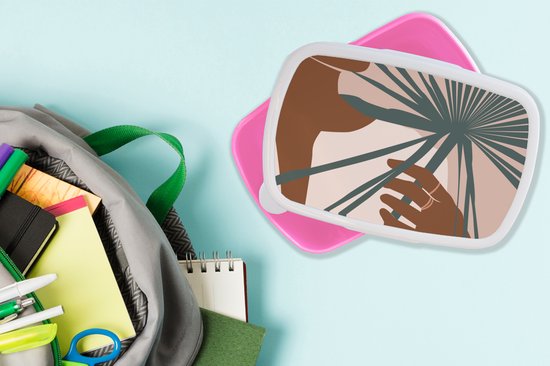 Broodtrommel Roze - Lunchbox - Brooddoos - Plant - Tropisch - Abstract - 18x12x6 cm - Kinderen - Meisje