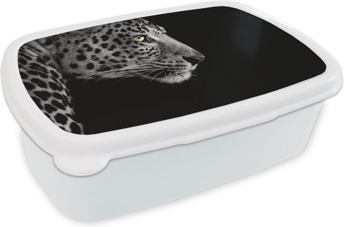 Broodtrommel Wit - Lunchbox - Brooddoos - Luipaard - Zwart - Wit - Vacht - 18x12x6 cm - Volwassenen