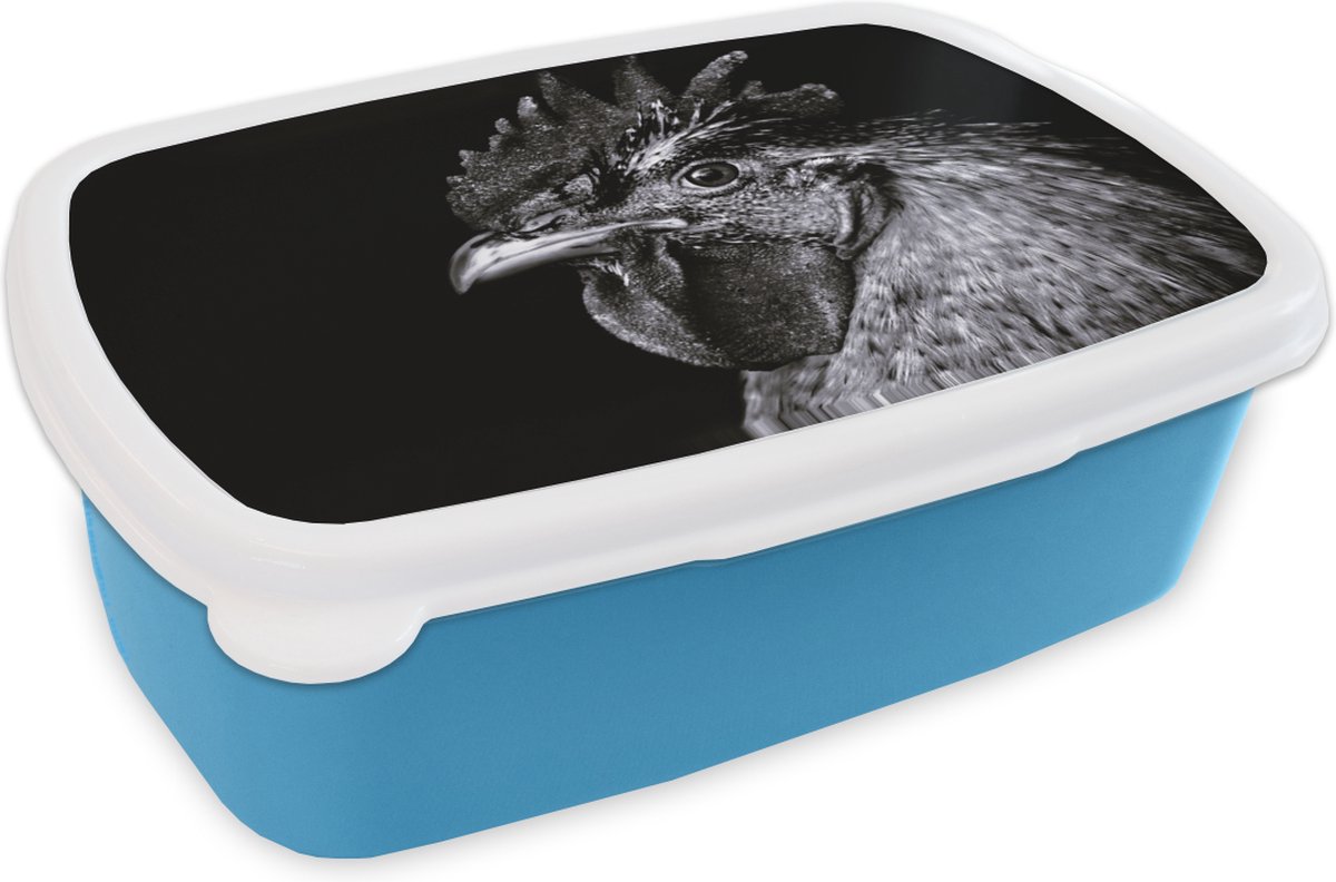 Broodtrommel Blauw - Lunchbox - Brooddoos - Haan - Vogel - Zwart - Wit - 18x12x6 cm - Kinderen - Jongen