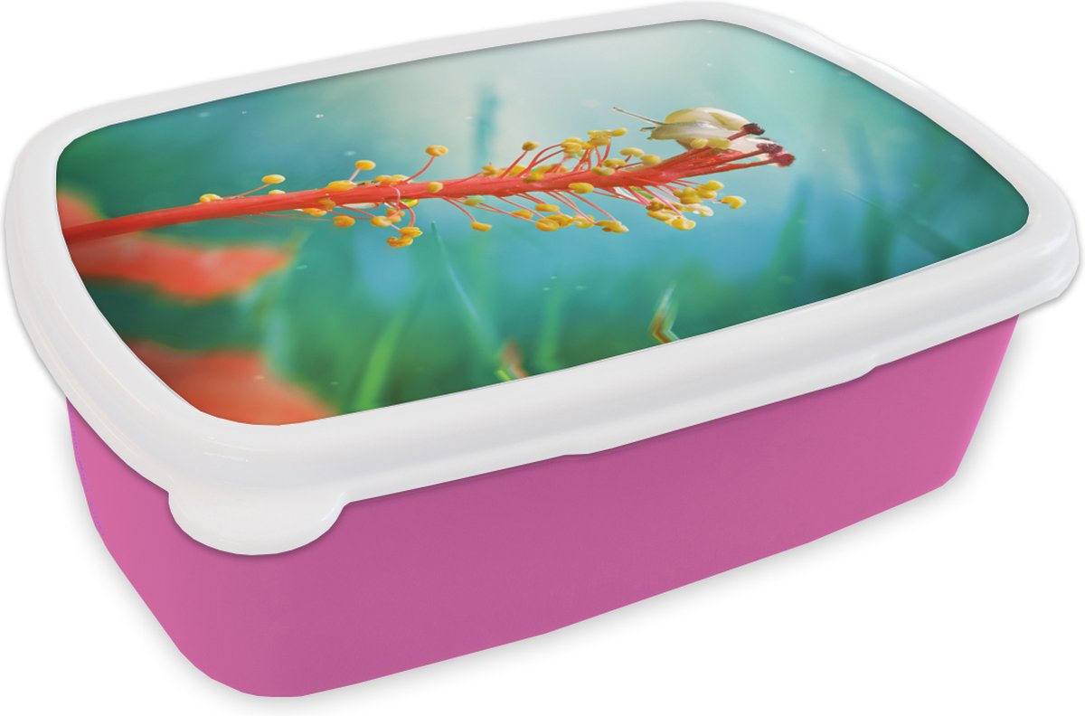 Broodtrommel Roze - Lunchbox - Brooddoos - Slak - Plant - Boom - 18x12x6 cm - Kinderen - Meisje