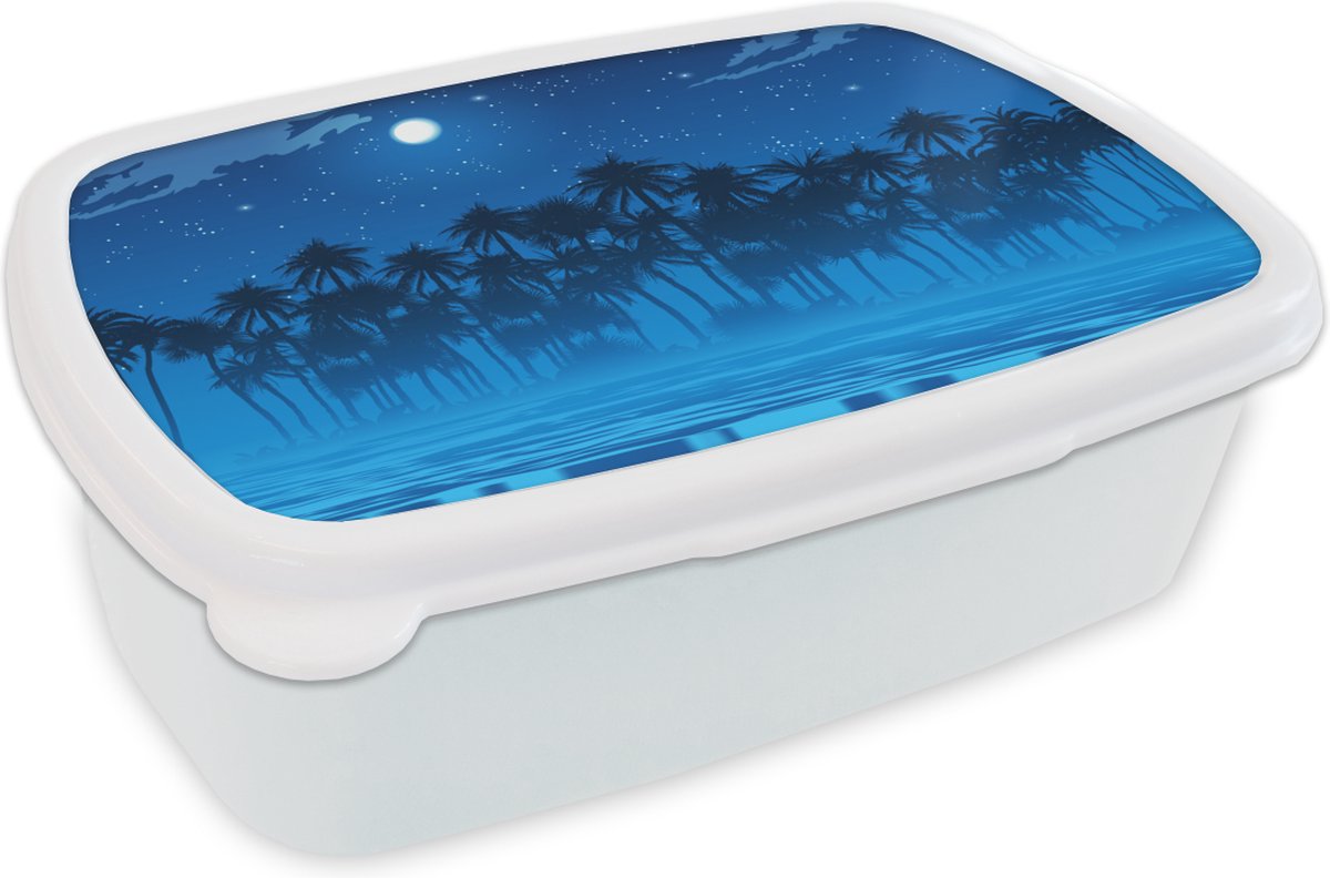 Broodtrommel Wit - Lunchbox - Brooddoos - Sterrenhemel - Palmboom - Zee - 18x12x6 cm - Volwassenen
