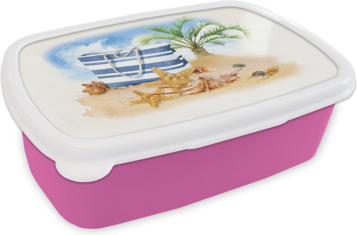 Broodtrommel Roze - Lunchbox - Brooddoos - Palmboom - Tas - Schelpen - 18x12x6 cm - Kinderen - Meisje