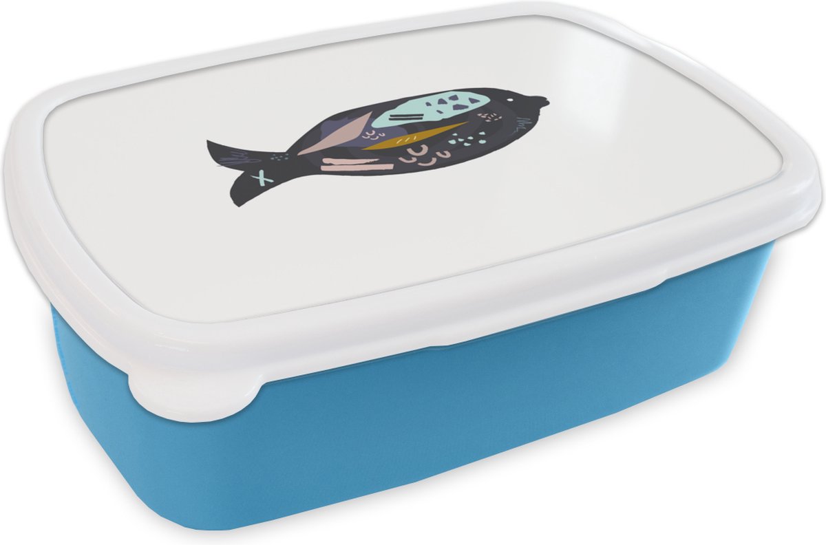 Broodtrommel Blauw - Lunchbox - Brooddoos - Zwart - Vis - Pastel - 18x12x6 cm - Kinderen - Jongen