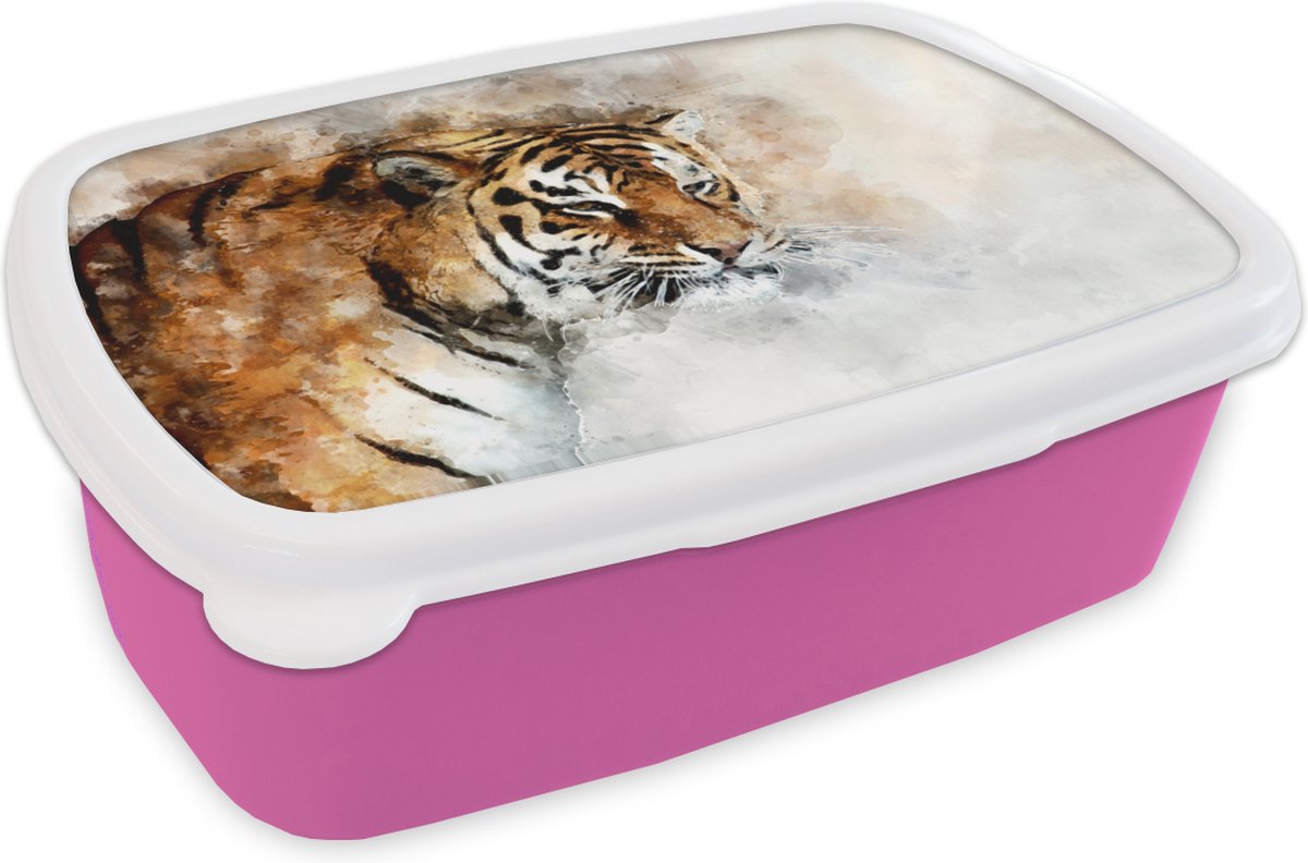 Broodtrommel Roze - Lunchbox - Brooddoos - Tijger - Ogen - Schilderij - 18x12x6 cm - Kinderen - Meisje