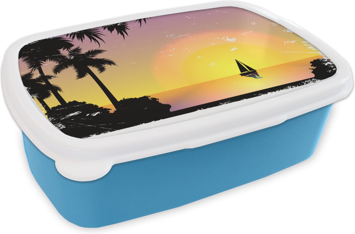 Broodtrommel Blauw - Lunchbox - Brooddoos - Zeilboot - Palmboom - Zon - 18x12x6 cm - Kinderen - Jongen