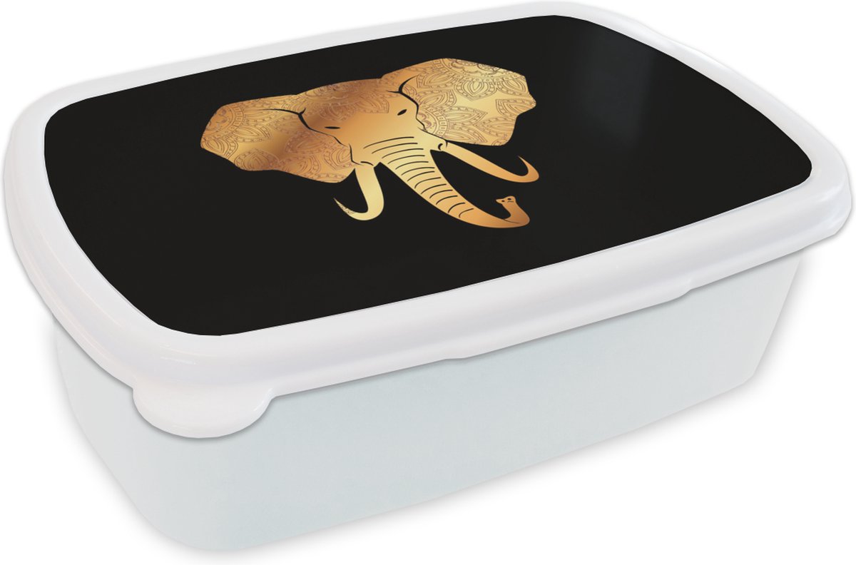 Broodtrommel Wit - Lunchbox - Brooddoos - Olifant - Kop - Goud - Patroon - 18x12x6 cm - Volwassenen