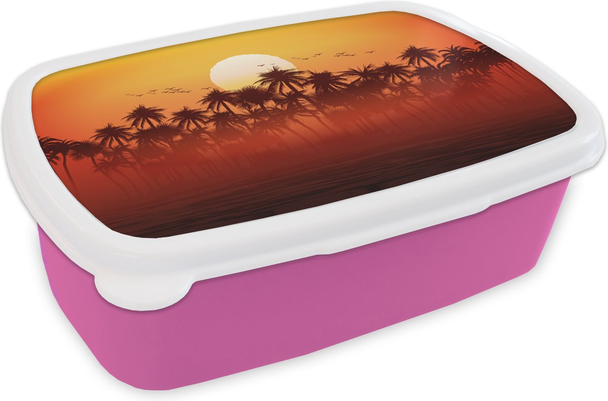 Broodtrommel Roze - Lunchbox - Brooddoos - Palmboom - Zon - Vogel - 18x12x6 cm - Kinderen - Meisje