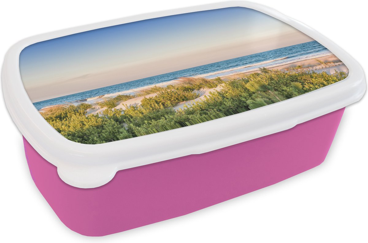 Broodtrommel Roze - Lunchbox - Brooddoos - Strand - Planten - Licht - 18x12x6 cm - Kinderen - Meisje