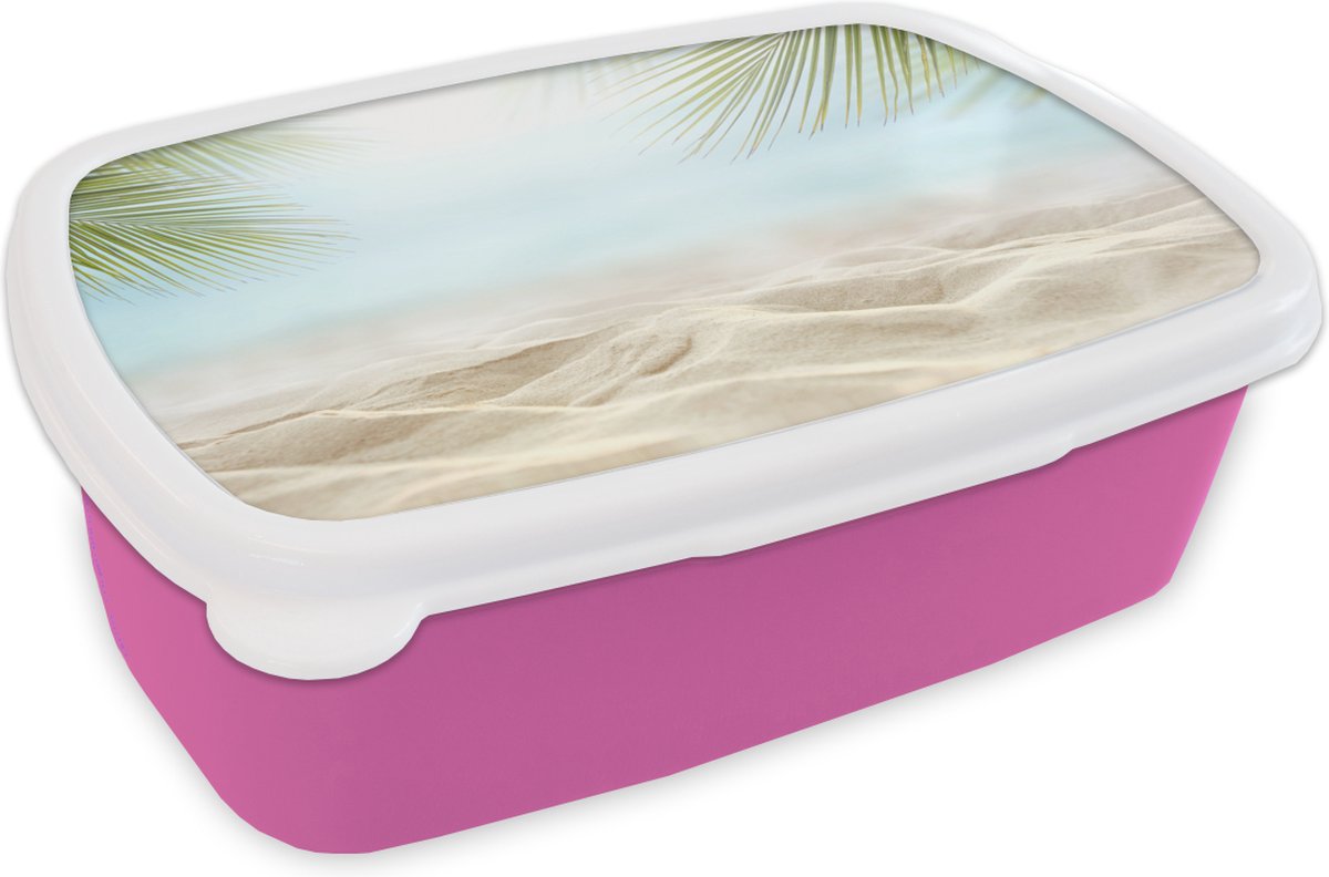 Broodtrommel Roze - Lunchbox - Brooddoos - Strand - Palmbomen - Zee - 18x12x6 cm - Kinderen - Meisje