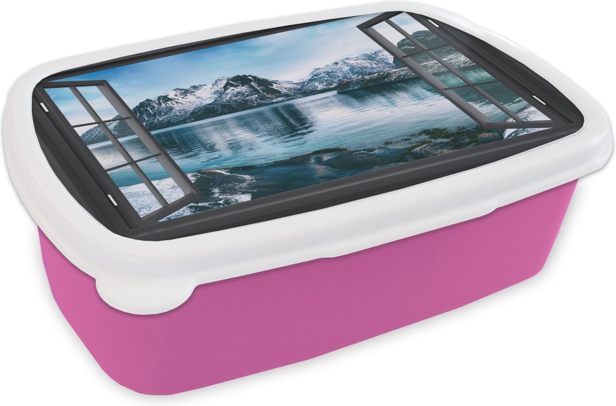 Broodtrommel Roze - Lunchbox - Brooddoos - Doorkijk - Berg - Water - 18x12x6 cm - Kinderen - Meisje
