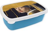 Broodtrommel Blauw - Lunchbox - Brooddoos - Meisje met de parel - Goud - Vermeer - 18x12x6 cm - Kinderen - Jongen