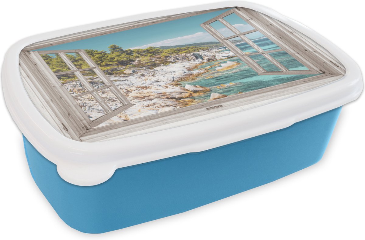 Broodtrommel Blauw - Lunchbox - Brooddoos - Doorkijk - Boom - Zee - 18x12x6 cm - Kinderen - Jongen