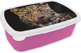 Broodtrommel Roze - Lunchbox - Brooddoos - Luipaard - Zwart - Close up - 18x12x6 cm - Kinderen - Meisje