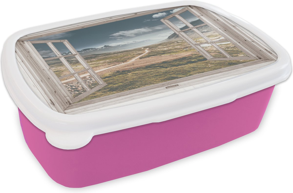 Broodtrommel Roze - Lunchbox - Brooddoos - Doorkijk - Berg - Hout - 18x12x6 cm - Kinderen - Meisje