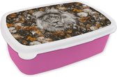 Broodtrommel Roze - Lunchbox - Brooddoos - Bloemen - Leeuw - Zwart - Wit - 18x12x6 cm - Kinderen - Meisje