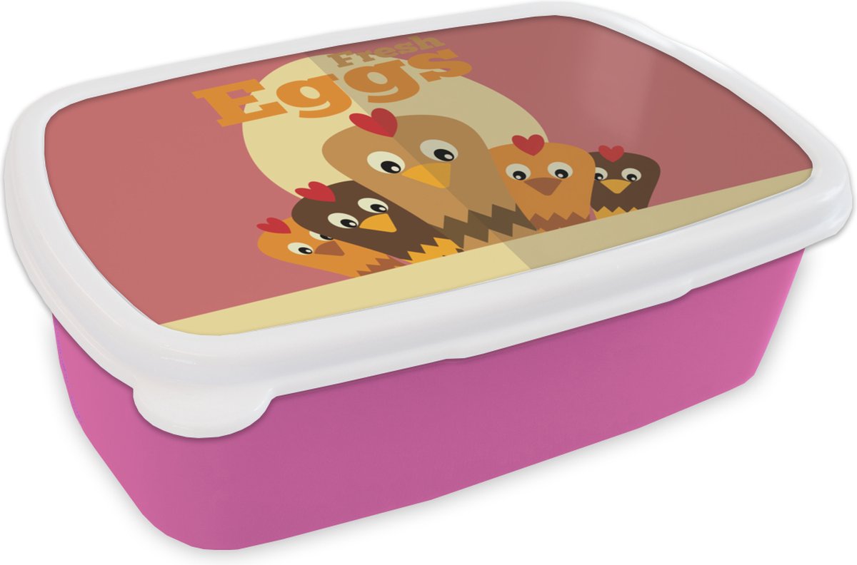 Broodtrommel Roze - Lunchbox - Brooddoos - Kippen - Boerderij - Retro - 18x12x6 cm - Kinderen - Meisje