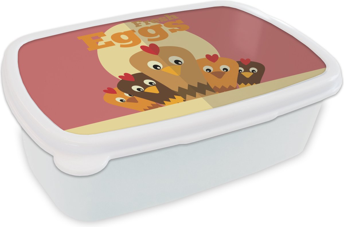 Broodtrommel Wit - Lunchbox - Brooddoos - Kippen - Boerderij - Retro - 18x12x6 cm - Volwassenen
