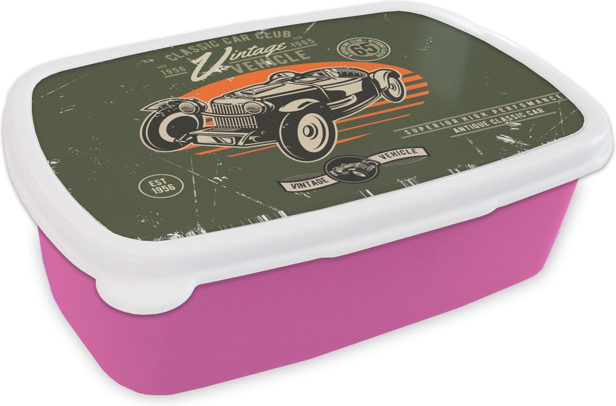 Broodtrommel Roze - Lunchbox - Brooddoos - Vintage - Oldtimer - Auto - 18x12x6 cm - Kinderen - Meisje