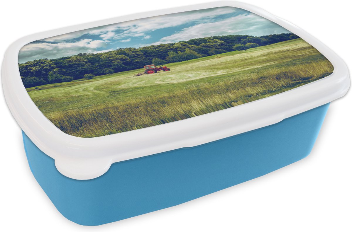 Broodtrommel Blauw - Lunchbox - Brooddoos - Tractor - Boom - Riet - 18x12x6 cm - Kinderen - Jongen