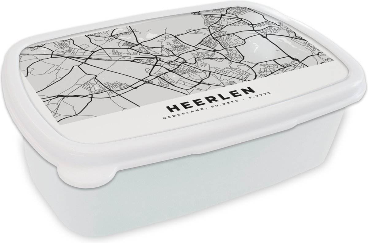 Broodtrommel Wit - Lunchbox - Brooddoos - Kaart - Heerlen - Zwart - Wit - 18x12x6 cm - Volwassenen