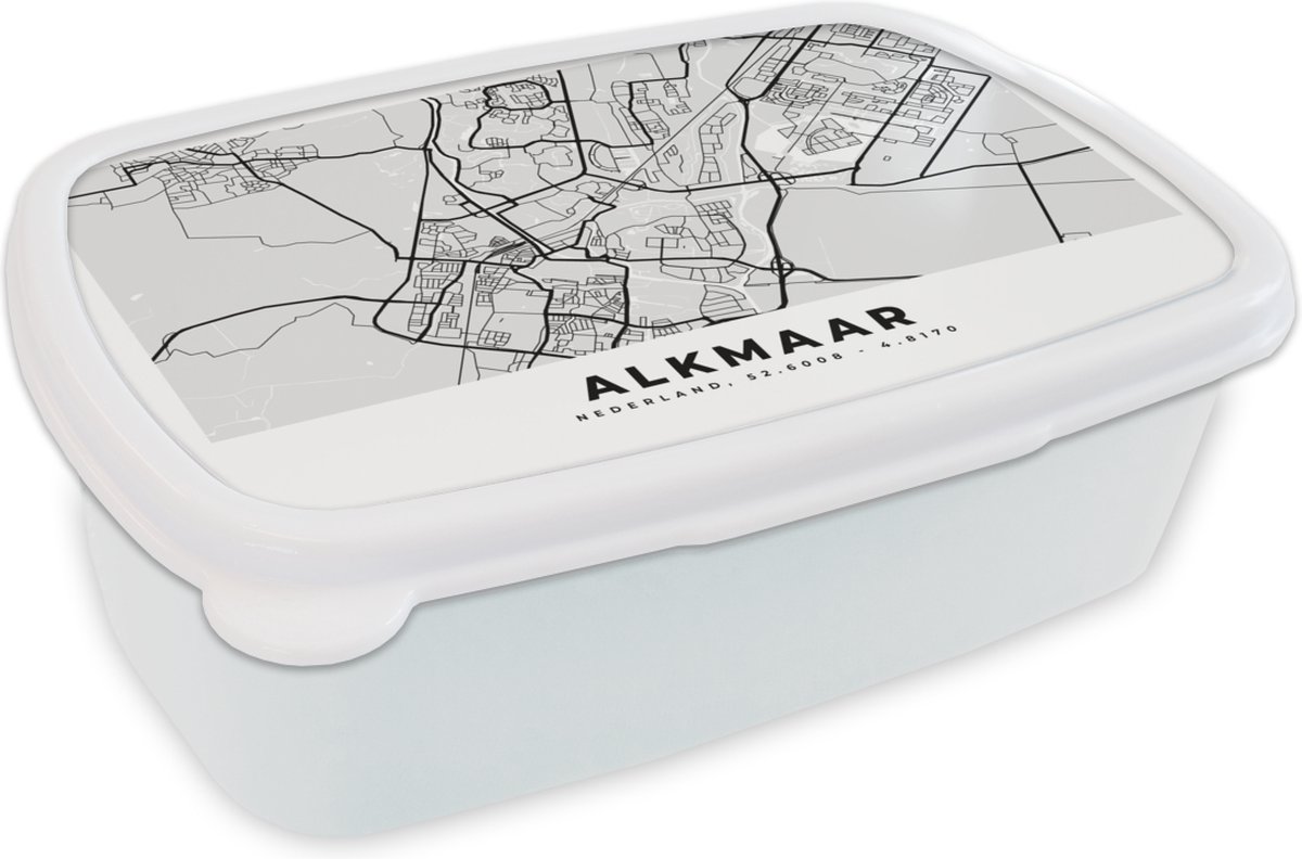 Broodtrommel Wit - Lunchbox - Brooddoos - Kaart - Alkmaar - Zwart - Wit - 18x12x6 cm - Volwassenen